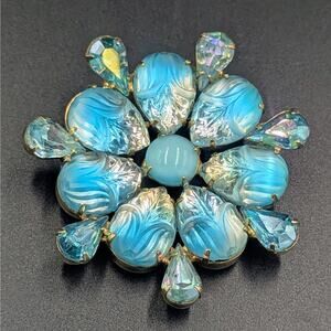 Vintage Rhinestone Aqua Glass Flower Pin AB Crystal Mid Century Floral Brooch